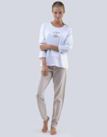 GINA dámské pyžamo dlouhé dámské, šité, s potiskem Pyžama 2018 19073P | šedá bílá S