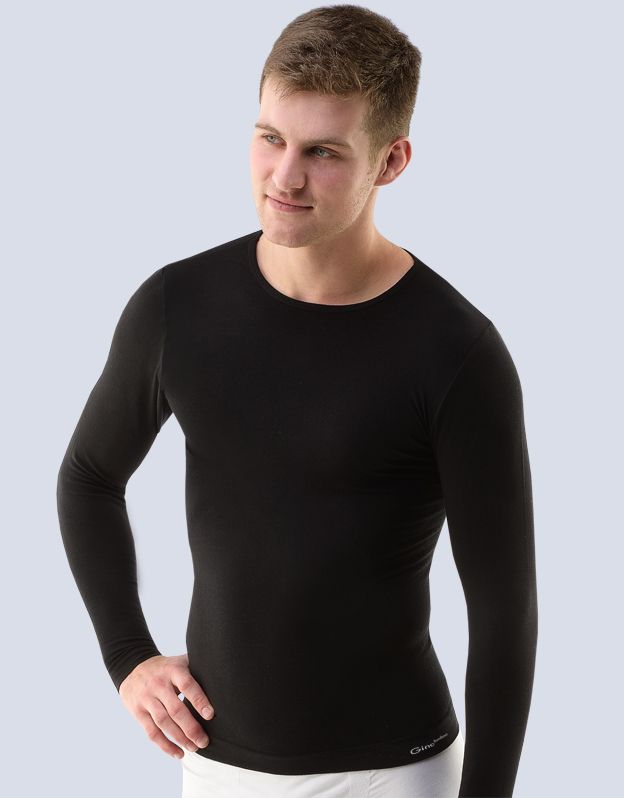 GINA pánské tričko s dlouhým rukávem, dlouhý rukáv, bezešvé, jednobarevné Bamboo PureLine 58004P - černá S/M