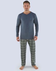 GINA pánské pyžamo dlouhé pánské, šité, s potiskem Pyžama 2019 79071P | šedomodrá černá S