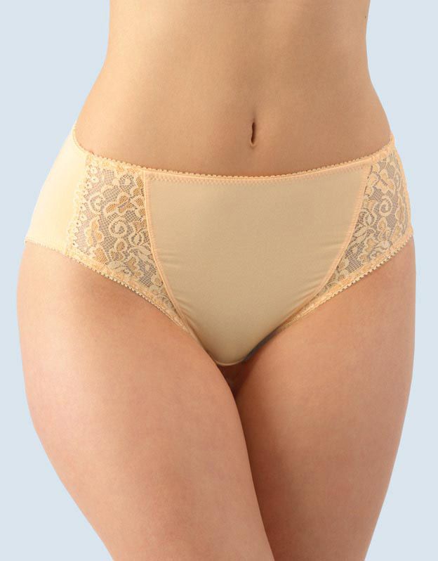 GINA dámské kalhotky klasické vyšší se širokým bokem, širší bok, šité, s krajkou, jednobarevné La Femme 2 10212P - písková 42/44