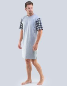 GINA pánské košile noční pánská krátký rukáv, šité, s potiskem Pyžama 2020 79090P | sv. šedá černá XL