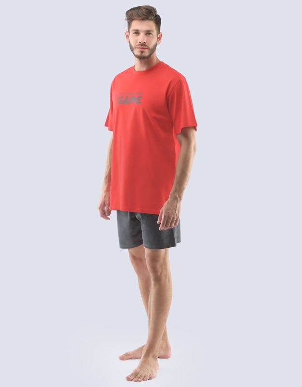 GINA pánské pyžamo krátké pánské, šité, s potiskem Pyžama 2021 79116P - červená tm. šedá XL