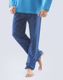 GINA pánské kalhoty dlouhé pyžamové pánské, šité, klasické, s potiskem  79807P | tm. modrá dunaj S