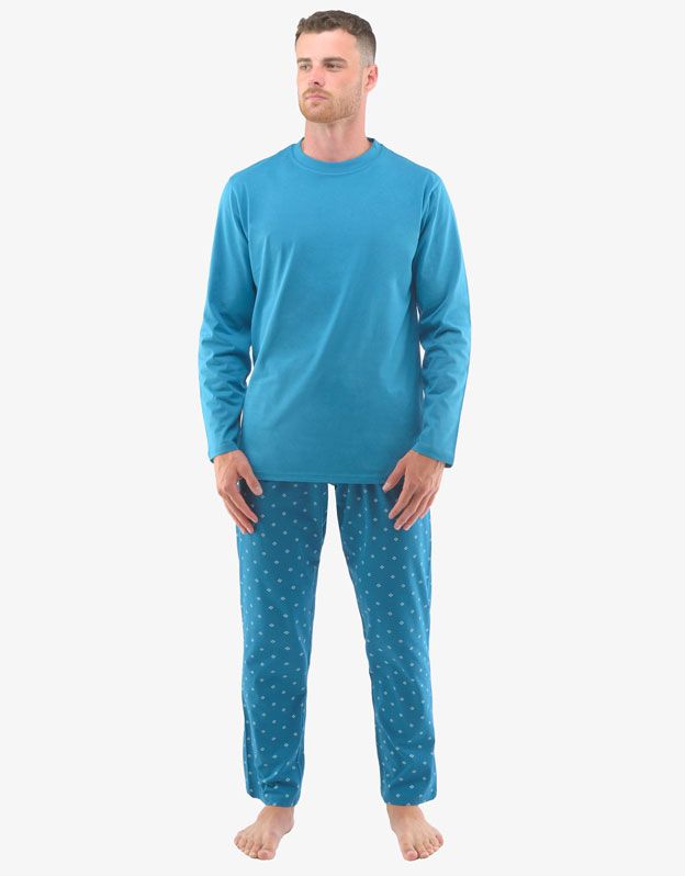 GINA pánské pyžamo dlouhé pánské, šité, s potiskem 79129P - petrolejová měsíc XL