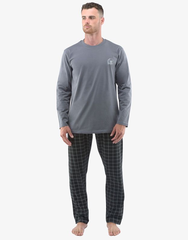 GINA pánské pyžamo dlouhé pánské, šité, s potiskem 79131P - šedá černá L
