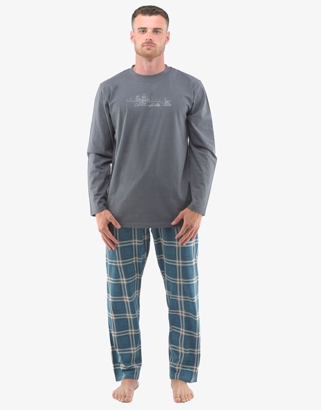 GINA pánské pyžamo dlouhé pánské, šité, s potiskem Pyžama 2022 79133P - tm. šedá petrolejová M