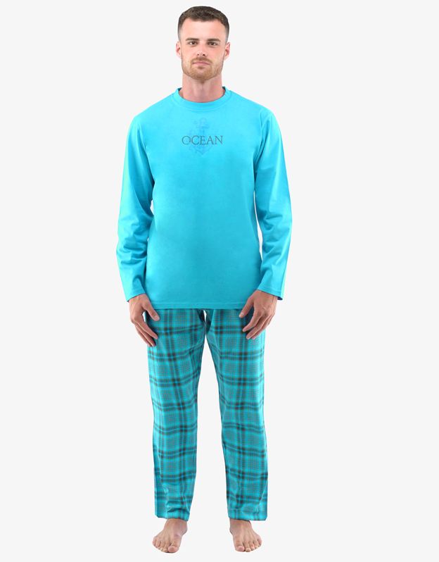 GINA pánské pyžamo dlouhé pánské, šité, s potiskem Pyžama 2022 79135P - tyrkysová tm. šedá XL