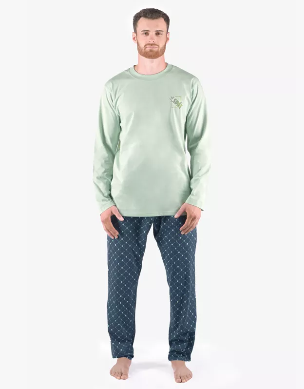 GINA pánské pyžamo dlouhé pánské, šité, s potiskem Pyžama 2024 79171P - šedozelená petrolejová XL