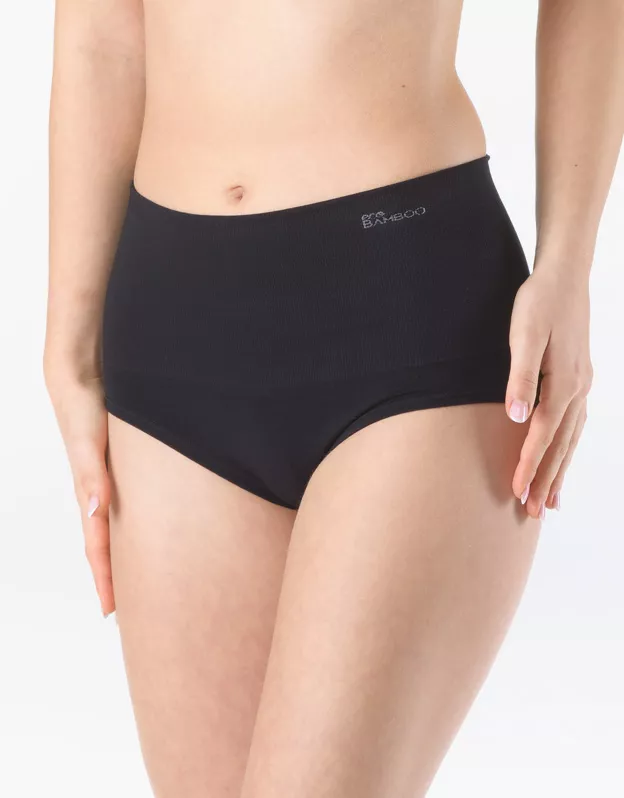 GINA dámské kalhotky klasické se zpevněným pasem, širší bok, bezešvé, jednobarevné Eco Bamboo 00052P - černá L/XL