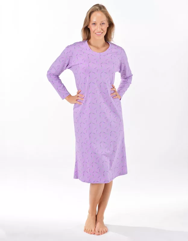 GINA dámské košilka noční dámská dlouhý rukáv, šité, s potiskem Pyžama 2025 19173P - sacharóza levandulová S
