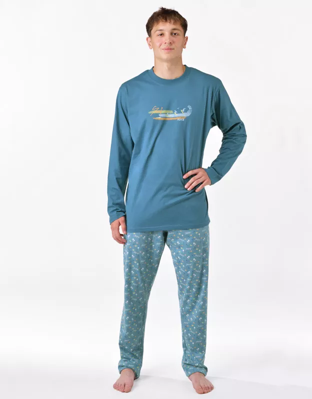 GINA pánské pyžamo dlouhé pánské, šité, s potiskem Pyžama 2025 79191P - měsíc dunaj XXXL
