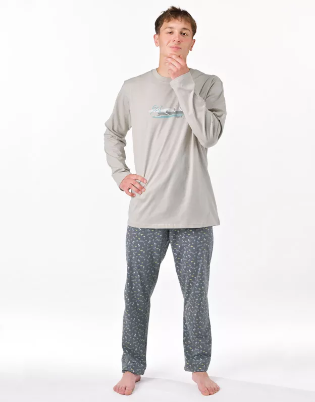 GINA pánské pyžamo dlouhé pánské, šité, s potiskem Pyžama 2025 79191P - sv. šedá tm. šedá XXL