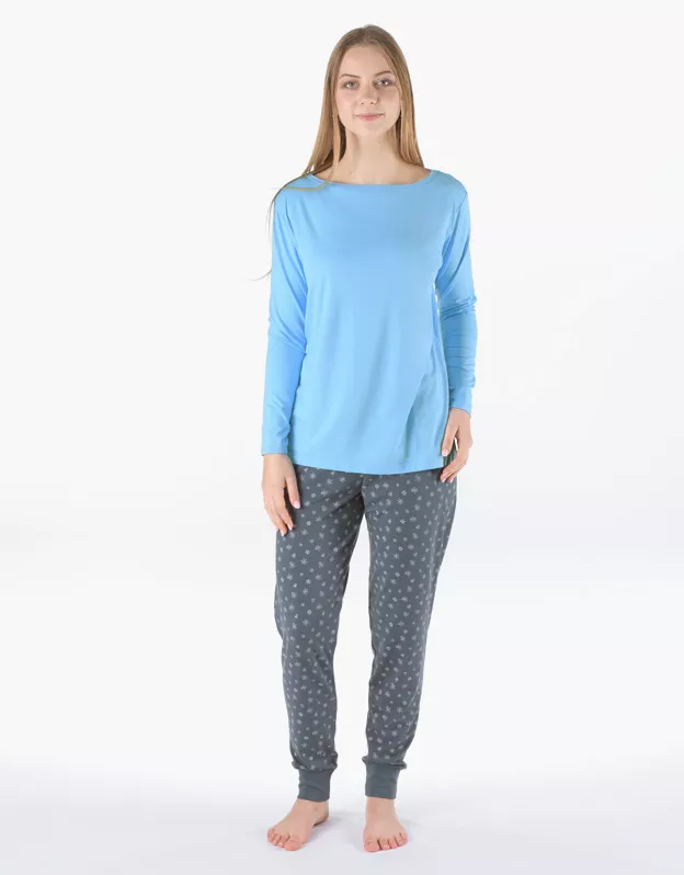 GINA dámské pyžamo dlouhé dámské, šité, s potiskem Pyžama Bamboo 19179P - pomnenková tm. šedá XL