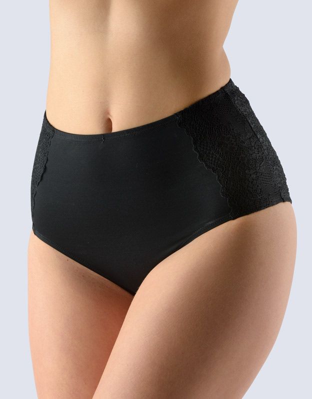 GINA dámské kalhotky klasické vyšší bok, širší bok, šité, s krajkou, jednobarevné La Femme 2 10204P - černá 38/40