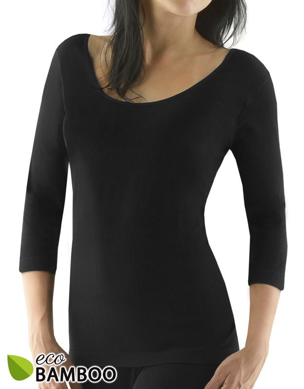 GINA dámské tričko s 3/4 rukávem, dlouhý rukáv, bezešvé, jednobarevné Eco Bamboo 08023P - černá S/M