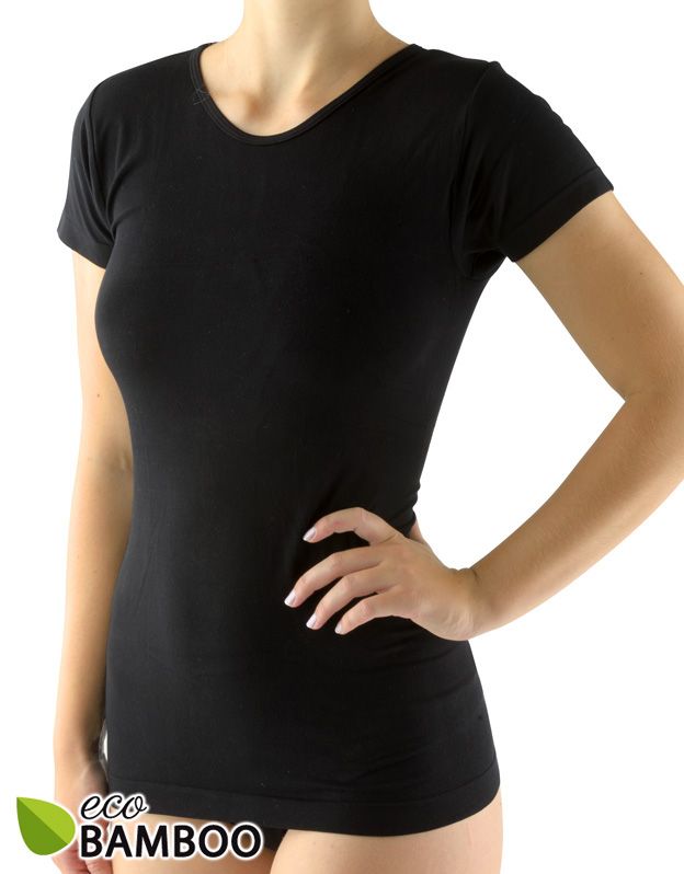 GINA dámské tričko s krátkým rukávem, krátký rukáv, bezešvé, jednobarevné Eco Bamboo 08027P - černá L/XL